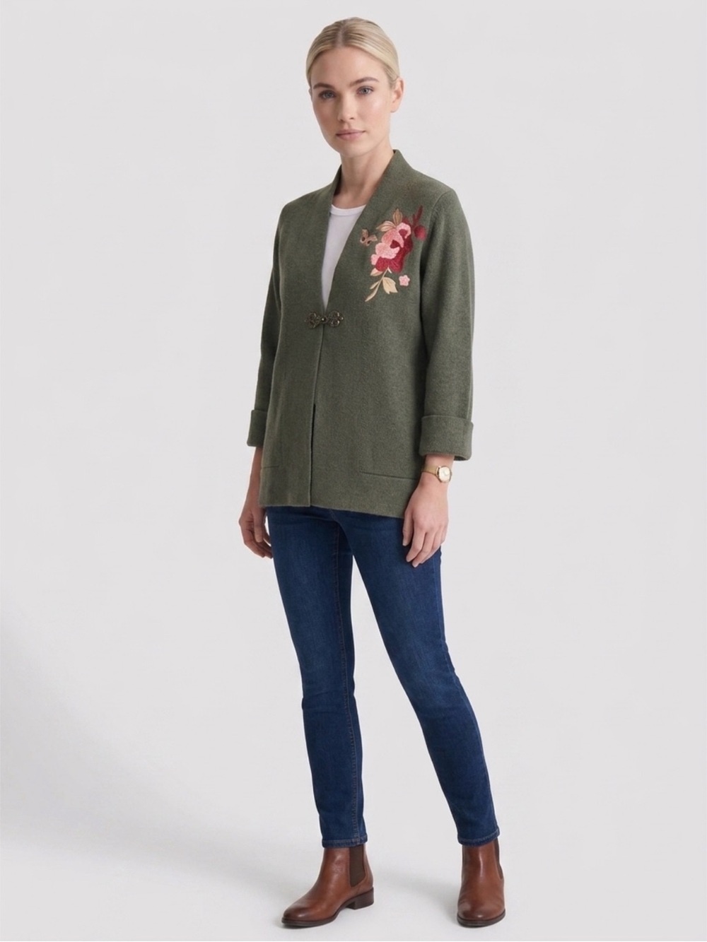 Women’s Soft Surroundings Green Embroidered Floral wool blend Cardigan size M